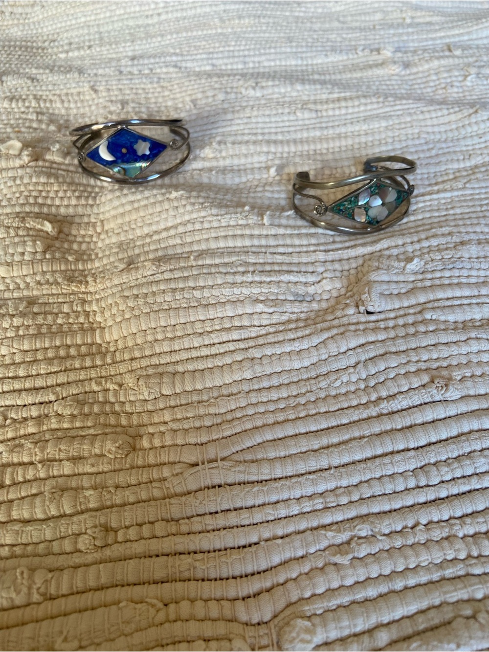 Lot of 2 Sterling Silver Blue and Teal Inlay Alpaca cuff bracelets